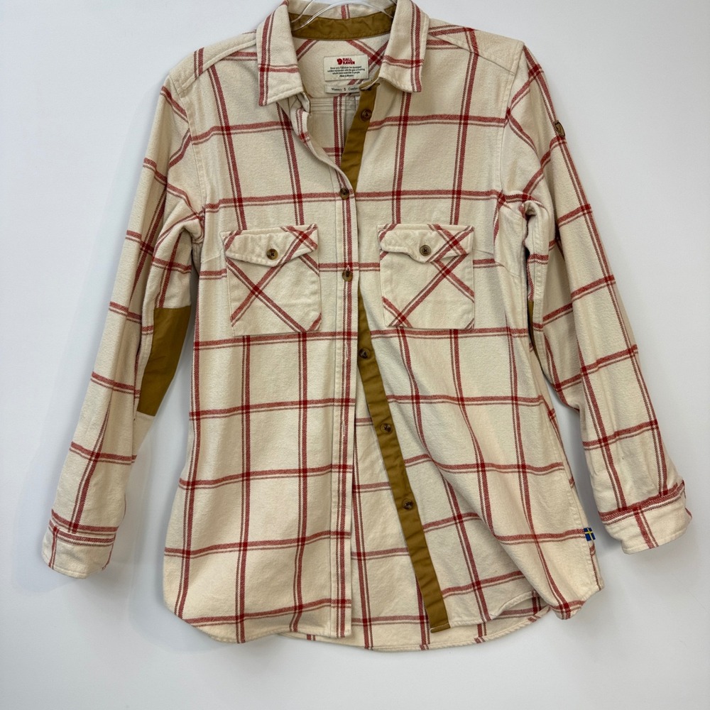 Fjallraven Ovik Twill Shirt Womens S Cream Red Plaid G-1000 Elbow Patch 84134 - Picture 7 of 12